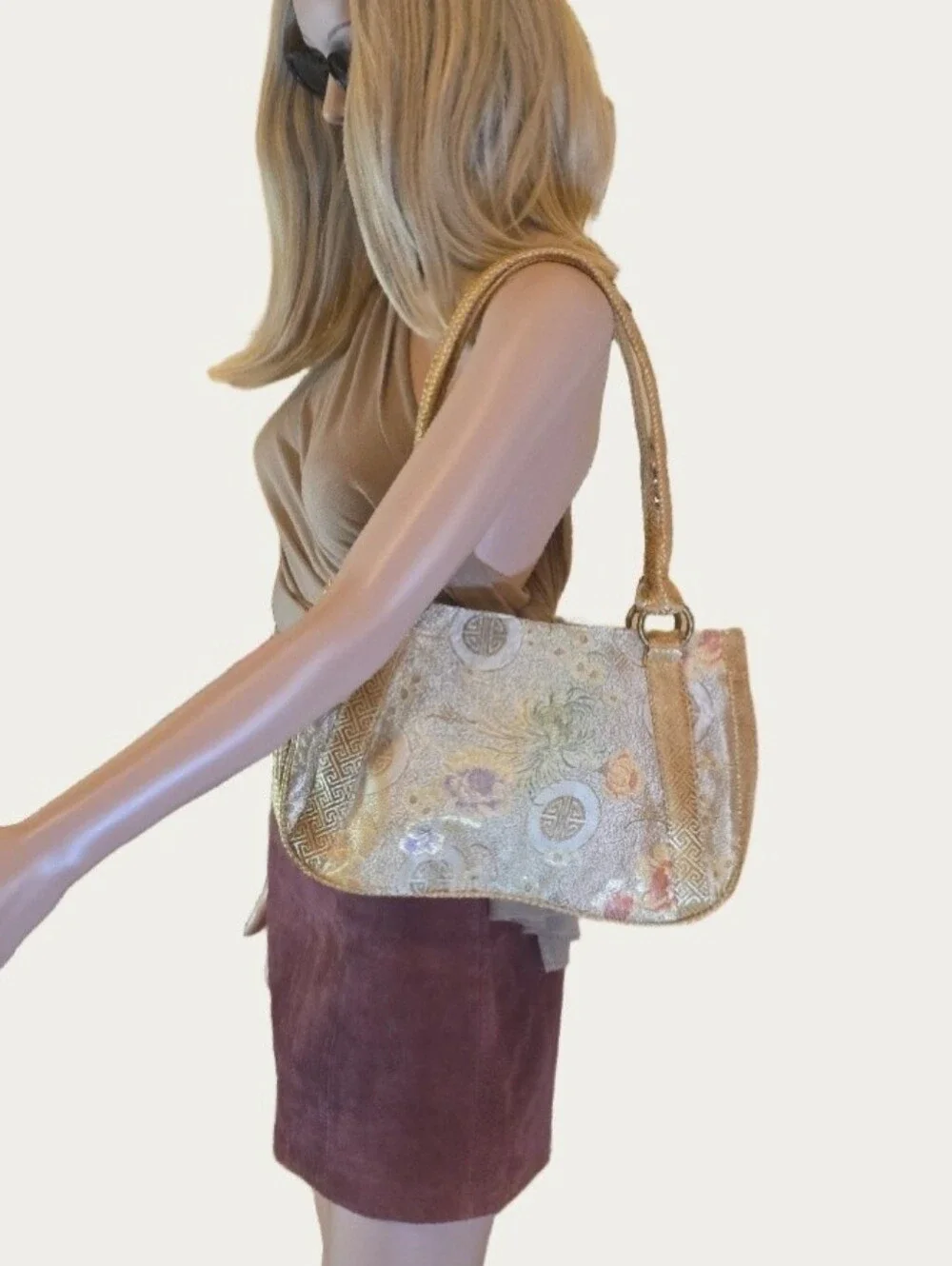 Vintage Yazinu Floral Metallic Brocade Silk Obi Style Asian Motif Shoulder Bag